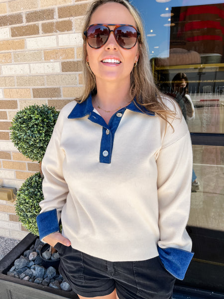 Cream and Denim Miranda Blouse- Ecru-K. Ellis Boutique