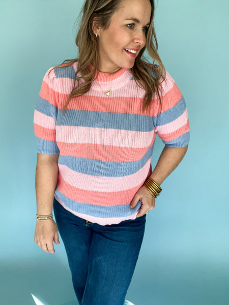 Spring Stripe Pattern Short Puff Sleeve Sweater-K. Ellis Boutique