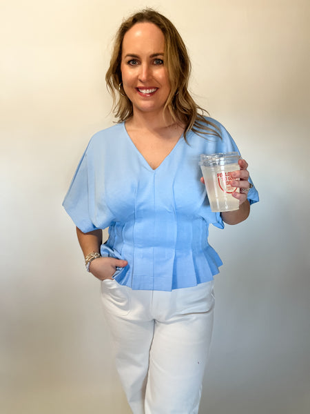 Blaire Pleated Waist Top- Light Blue-K. Ellis Boutique