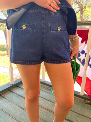 Dark Denim Shorts with Gold Buttons- English Factory-K. Ellis Boutique
