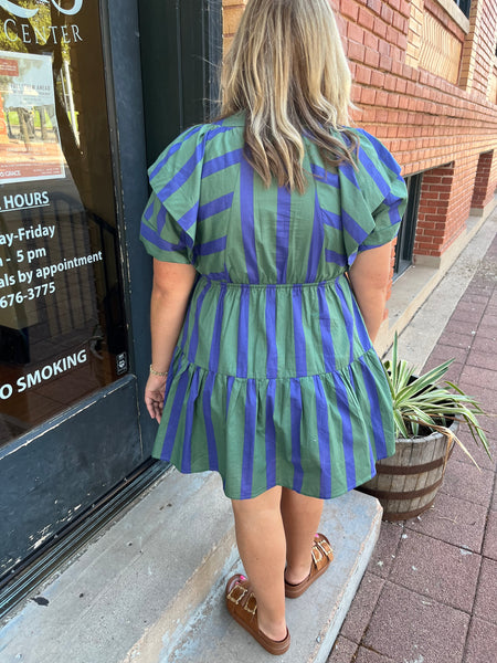 Mixed Line V-Neck Mini Dress - Green-K. Ellis Boutique