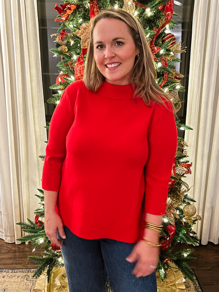 Mock Neck Pull Over Sweater/Bell Sleeve-Red-K. Ellis Boutique