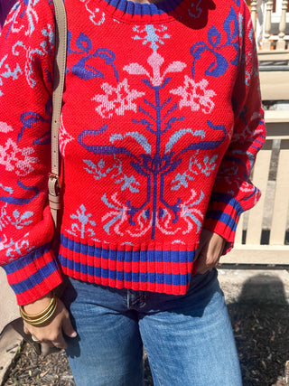 Almila Pleated Sweater- Red Multi-Sweater-K. Ellis Boutique