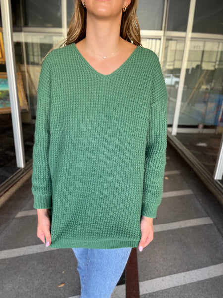 Slouchy V-neck Ribbed Knit Sweater- Forest Green-K. Ellis Boutique