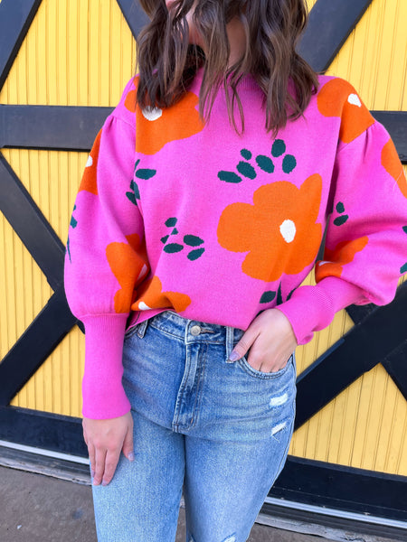 Fresh Pick Floral Puff Sleeve Sweater- PINK-K. Ellis Boutique