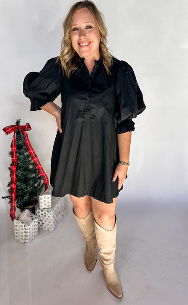 Solid Poplin Mini Dress- Black-K. Ellis Boutique