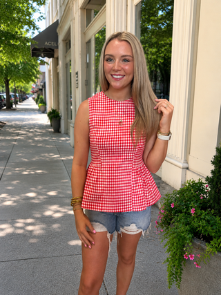 Ally Peplum Top- Red Gingham-Sleeveless Top-K. Ellis Boutique