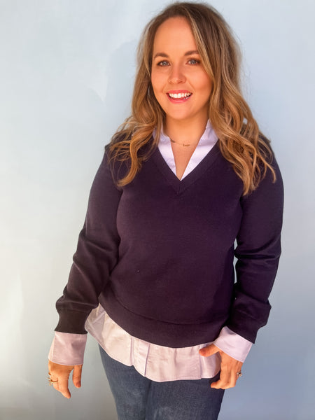 Layered Look V-neck Mixed Media Sweater- Navy/Blue-K. Ellis Boutique