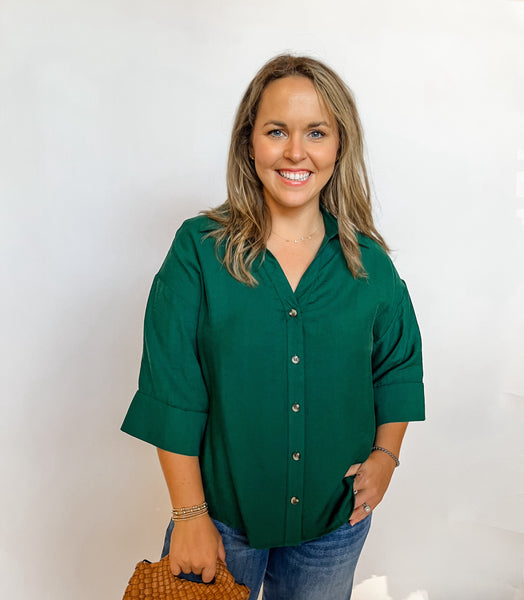 Sarah Solid Wide Cuff Top- Hunter Green-K. Ellis Boutique