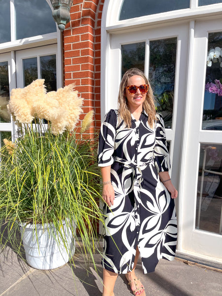 Two Tone Abstract Print Shirt Dress- Black & White-K. Ellis Boutique