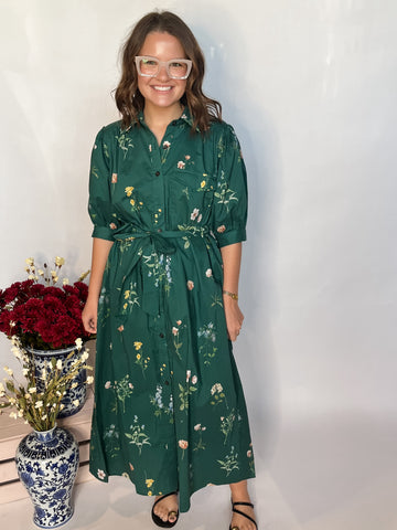 Floral Collared Midi Dress- Hunter Green-K. Ellis Boutique