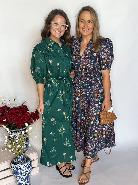 Floral Collared Midi Dress- Hunter Green-K. Ellis Boutique