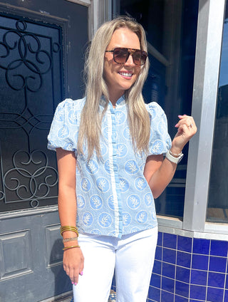 Petal Club Top Blue and White-Short Sleeve Top-K. Ellis Boutique