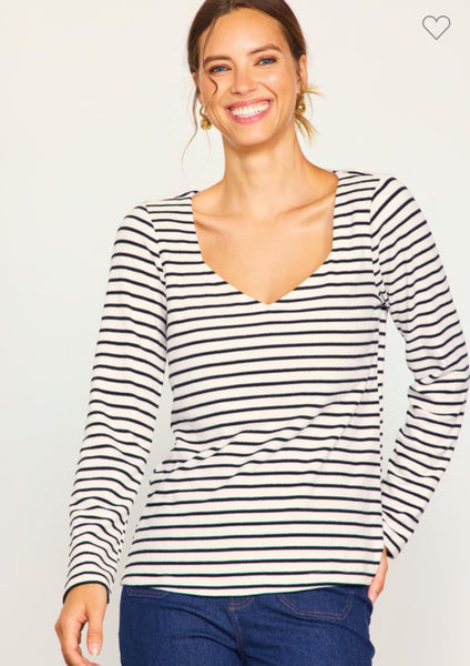 LONG SLEEVE STRIPED TOP - cream/black-K. Ellis Boutique