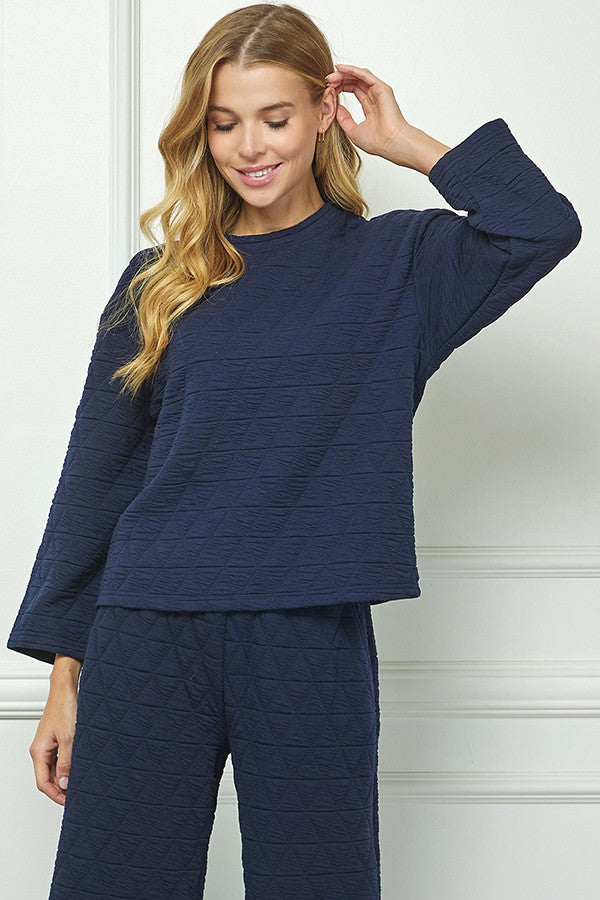 QUILTED LONG SLEEVE TOP- NAVY-K. Ellis Boutique