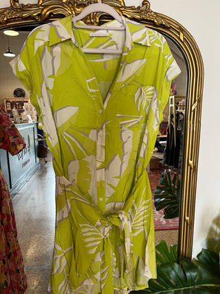 Karlie- Palm Leaf Tie Button Up Mini Dress- Lime-Mini Dress-K. Ellis Boutique