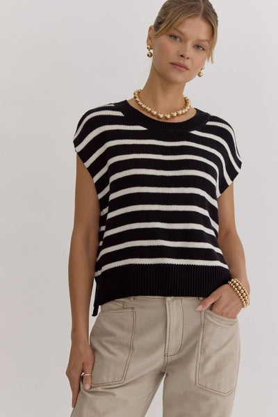 Stripe Print Round Neck Knit Top- Black-K. Ellis Boutique