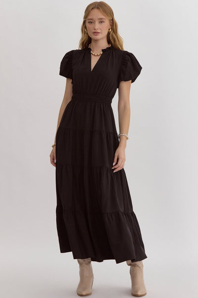 Solid V-Neck Bubble Sleeve Midi Dress- Black-K. Ellis Boutique