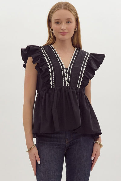 Solid V-Neck Ruffle Sleeve Top - Black-K. Ellis Boutique