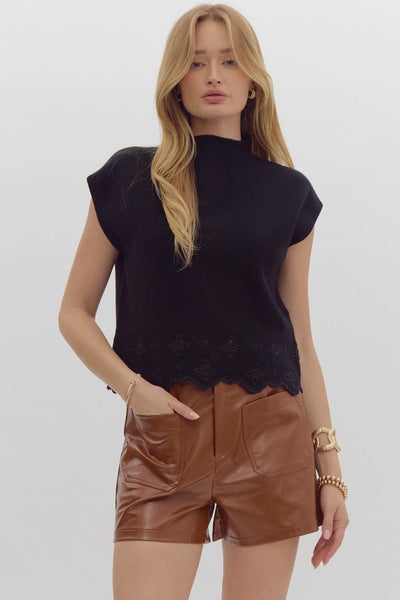 Solid Mock Neck Embroidery Top - Black-K. Ellis Boutique