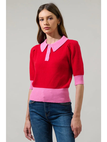 Margot Color Block Collared Sweater Top- Pink/Red-K. Ellis Boutique