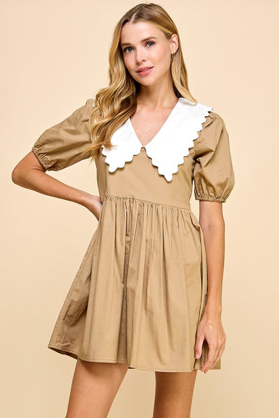 Peter Pan Collar Back Zipper Dress- Khaki-K. Ellis Boutique