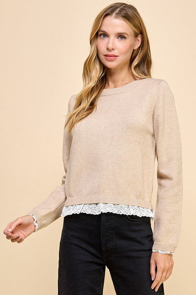 Lace Trim on Hem Sweatshirt- Beige-K. Ellis Boutique