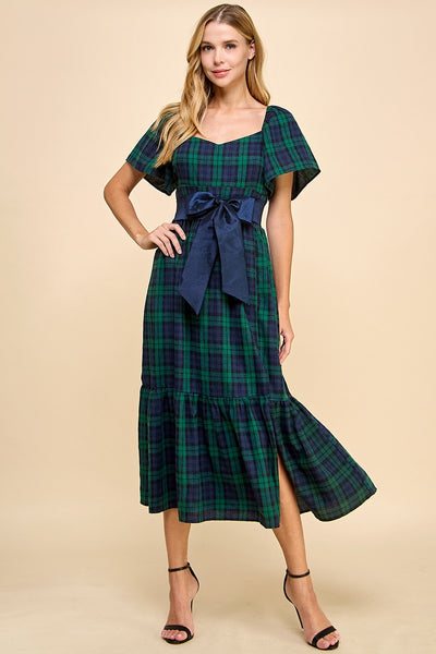 Tartan Plaid Detachable Waist Tie Dress- Green-K. Ellis Boutique