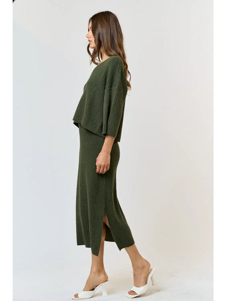 Ribbed Long Sleeve Top & Maxi Skirt Set- Olive-K. Ellis Boutique