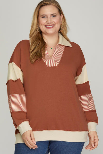 COLOR BLOCK FRENCH TERRY SWEATSHIRT- CINNAMON-K. Ellis Boutique