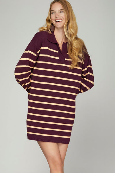 COLLARED STRIPE SWEATER DRESS- WINE-K. Ellis Boutique