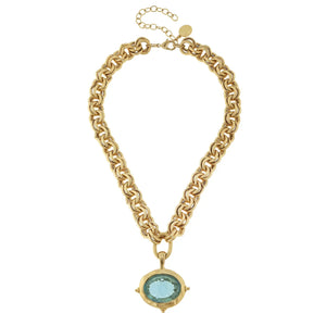 Susan Shaw Aqua Venetian Glass Bee Intaglio On Gold Chain Necklace-K. Ellis Boutique