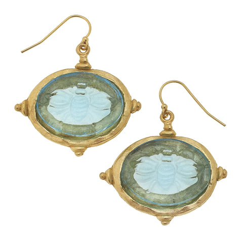 Susan Shaw Aqua Venetian Glass Bee Intaglio Earrings-K. Ellis Boutique