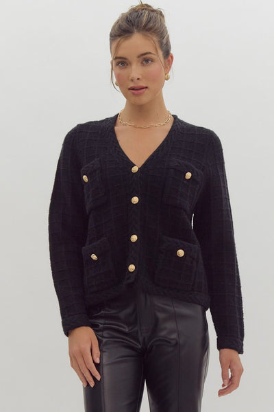 Textured Crop Knit Cardigan- Black-K. Ellis Boutique