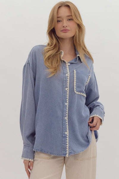 Chambray Long Sleeve Button Up- Denim Blue-K. Ellis Boutique