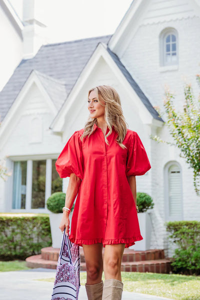 Solid Puff Sleeve Pocket Dress- Red-K. Ellis Boutique