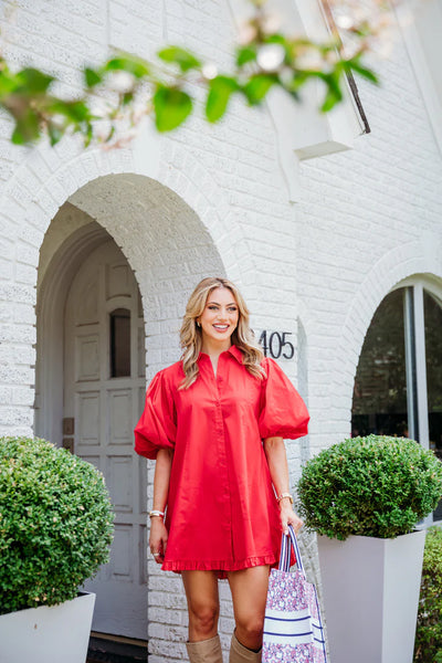 Solid Puff Sleeve Pocket Dress- Red-K. Ellis Boutique