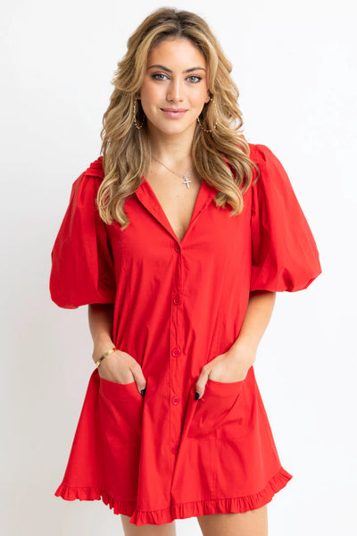 Solid Puff Sleeve Pocket Dress- Red-K. Ellis Boutique