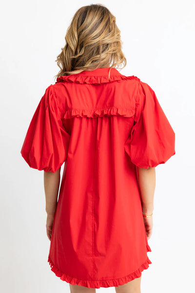 Solid Puff Sleeve Pocket Dress- Red-K. Ellis Boutique