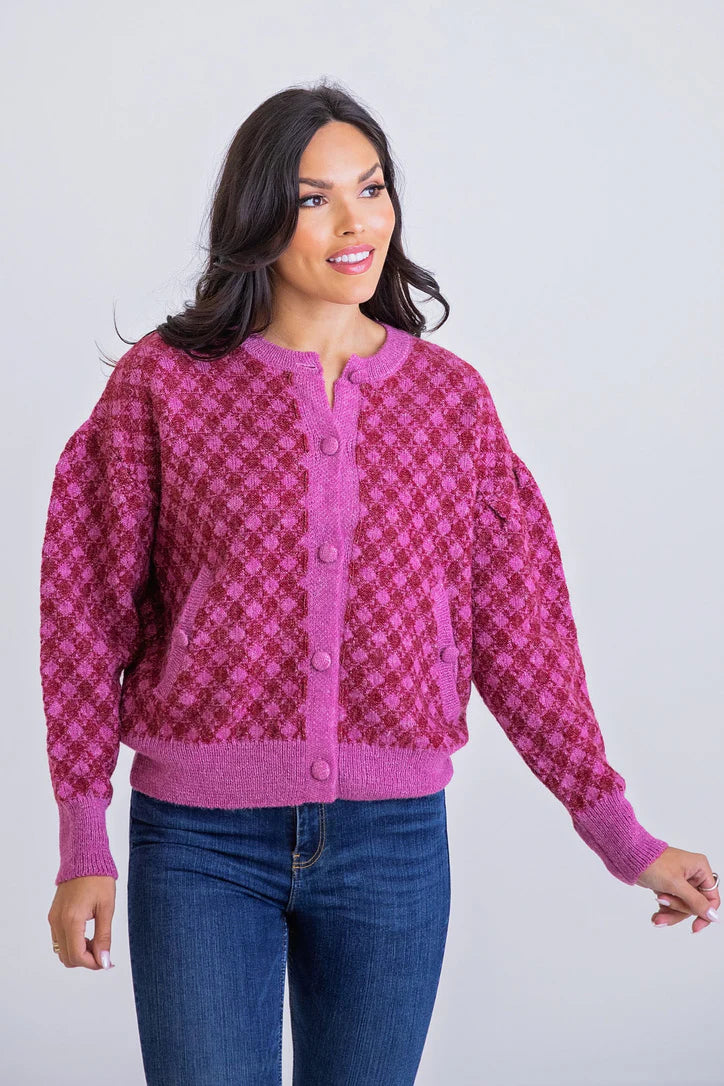 Karlie Plaid Novelty Sweater Cardigan- Magenta-K. Ellis Boutique