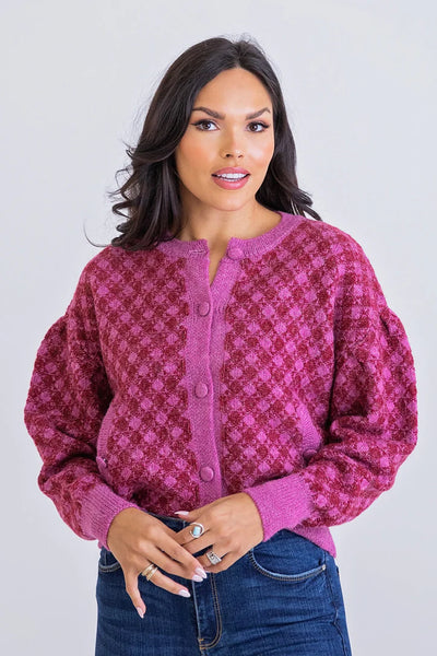 Karlie Plaid Novelty Sweater Cardigan- Magenta-K. Ellis Boutique