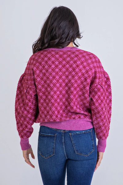 Karlie Plaid Novelty Sweater Cardigan- Magenta-K. Ellis Boutique