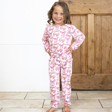 Sutton Bow Kid Pajamas- White/Pink-K. Ellis Boutique