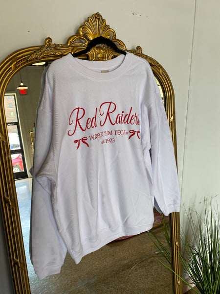 Texas Tech Established Bows Corded Crew Sweatshirt- White-K. Ellis Boutique