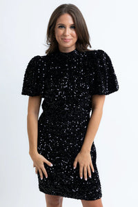 Karlie Sequin Puff Sleeve Open Back Dress- Black-K. Ellis Boutique