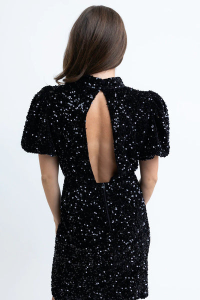 Karlie Sequin Puff Sleeve Open Back Dress- Black-K. Ellis Boutique