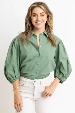 Karlie Solid Poplin Button Top- Green-Short Sleeve Top-K. Ellis Boutique