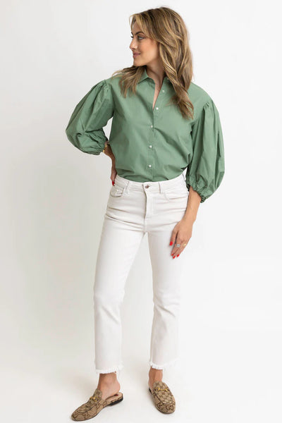 Karlie Solid Poplin Button Top- Green-K. Ellis Boutique