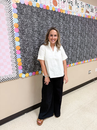 Ecru Pleated V-Neck Cotton Top-Short Sleeve Top-K. Ellis Boutique