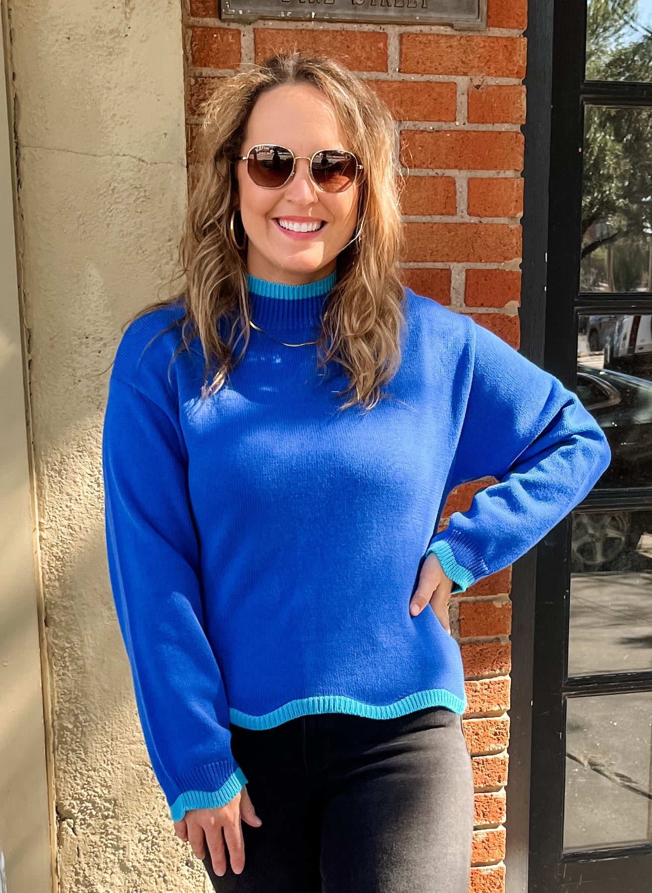 Macie Jane Mock Neck Sweater- Blue-K. Ellis Boutique